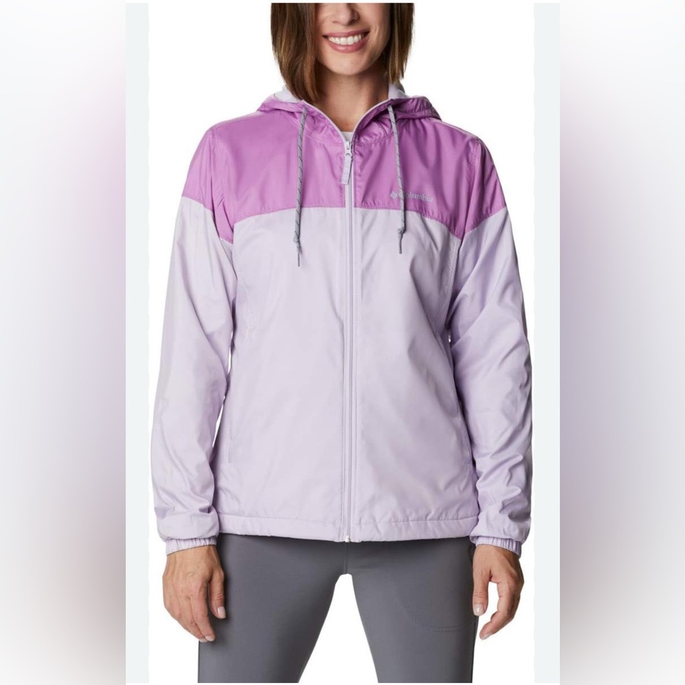 Columbia windbreaker w/ adjustable hood, fleece lining, drawcord hem. Lilac. XL